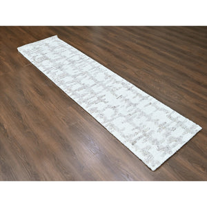 2'7"x9'10" Parchment White, Hand Knotted, Minimalist Swedish Design, 100% Wool, Runner, Oriental Rug FWR62124