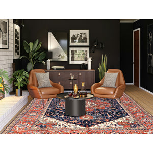 9'2"x12'8" Midnight Blue, Aryana Grade, Serapi Heriz with Flower Medallion Design, Vegetable Dyes, Hand Knotted, High Mountain Wool, Soft Pile, Densely Woven, Oriental Rug FWR6282
