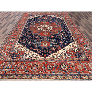 9'2"x12'8" Midnight Blue, Aryana Grade, Serapi Heriz with Flower Medallion Design, Vegetable Dyes, Hand Knotted, High Mountain Wool, Soft Pile, Densely Woven, Oriental Rug FWR6282