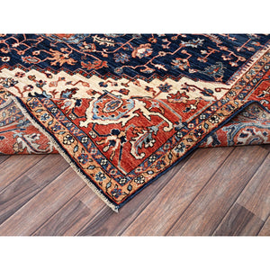 9'2"x12'8" Midnight Blue, Aryana Grade, Serapi Heriz with Flower Medallion Design, Vegetable Dyes, Hand Knotted, High Mountain Wool, Soft Pile, Densely Woven, Oriental Rug FWR6282