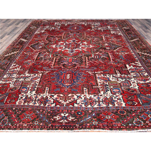 9'3"x11'8" Currant Red, Semi Antique Persian Heriz Tribal Design, Lustrous Wool, Distressed, Hand Knotted Abrash, Sheared Low, Evenly Worn Oriental Rug Sh104 FWR624