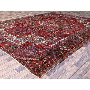 9'3"x11'8" Currant Red, Semi Antique Persian Heriz Tribal Design, Lustrous Wool, Distressed, Hand Knotted Abrash, Sheared Low, Evenly Worn Oriental Rug Sh104 FWR624