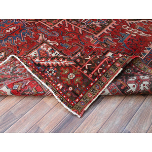 9'3"x11'8" Currant Red, Semi Antique Persian Heriz Tribal Design, Lustrous Wool, Distressed, Hand Knotted Abrash, Sheared Low, Evenly Worn Oriental Rug Sh104 FWR624