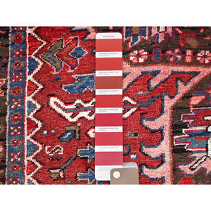9'3"x11'8" Currant Red, Semi Antique Persian Heriz Tribal Design, Lustrous Wool, Distressed, Hand Knotted Abrash, Sheared Low, Evenly Worn Oriental Rug Sh104 FWR624
