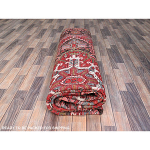 9'3"x11'8" Currant Red, Semi Antique Persian Heriz Tribal Design, Lustrous Wool, Distressed, Hand Knotted Abrash, Sheared Low, Evenly Worn Oriental Rug Sh104 FWR624