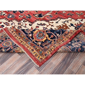11'10"x17'7" Coral Red, Aryana Collection, Serapi Heriz With Large Medallion Design, Vegetable Dyes, Soft Pile, High Mountain Wool, Hand Knotted, Densely Woven, Oversized, Oriental Rug FWR6324