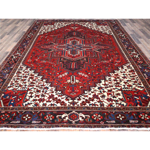 9'3"x11'8" Watermelon Red, Cleaned, Semi Antique Persian Heriz Design And Geometric Medallions, Great Condition Vibrant Wool, Sides And Ends Professionally Secured, Cropped Thin, Evenly Worn Oriental Rug FWR630