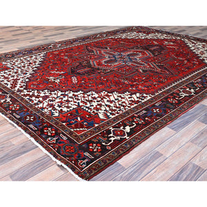 9'3"x11'8" Watermelon Red, Cleaned, Semi Antique Persian Heriz Design And Geometric Medallions, Great Condition Vibrant Wool, Sides And Ends Professionally Secured, Cropped Thin, Evenly Worn Oriental Rug FWR630