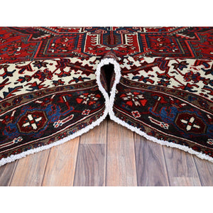 9'3"x11'8" Watermelon Red, Cleaned, Semi Antique Persian Heriz Design And Geometric Medallions, Great Condition Vibrant Wool, Sides And Ends Professionally Secured, Cropped Thin, Evenly Worn Oriental Rug FWR630