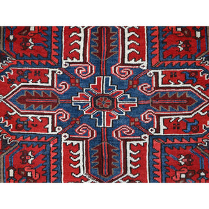 9'3"x11'8" Watermelon Red, Cleaned, Semi Antique Persian Heriz Design And Geometric Medallions, Great Condition Vibrant Wool, Sides And Ends Professionally Secured, Cropped Thin, Evenly Worn Oriental Rug FWR630
