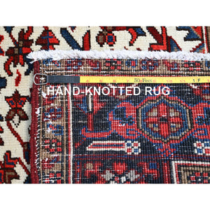 9'3"x11'8" Watermelon Red, Cleaned, Semi Antique Persian Heriz Design And Geometric Medallions, Great Condition Vibrant Wool, Sides And Ends Professionally Secured, Cropped Thin, Evenly Worn Oriental Rug FWR630