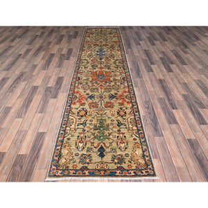 2'10"x12' Light Green, Heriz All Over Design, Aryana Collection, Vegetable Dyes, High Mountain Wool, Hand Knotted, Soft Pile, Densely Woven, Runner, Oriental Rug FWR6630