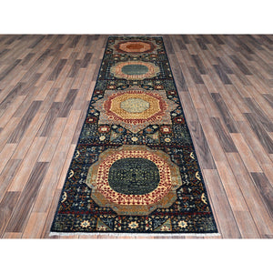 2'9"x10'2" Navy Blue, Mamluk Design, Aryana Collection, Vegetable Dyes, Soft Pile, High Mountain Wool, Hand Knotted, Densely Woven, Runner, Oriental Rug FWR6672