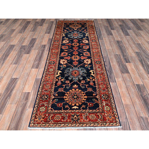 2'6"x7'9" Yale Blue, Heriz All Over Design, Aryana Collection, Vegetable Dyes, Hand Knotted, Soft Pile, High Mountain Wool, Densely Woven, Runner, Oriental Rug FWR6678