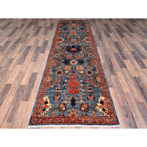 2'10"x9'7" Imperial Blue, Heriz All Over Design, Aryana Collection, Vegetable Dyes, Soft Pile, High Mountain Wool, Hand Knotted, Densely Woven, Runner, Oriental Rug FWR6690