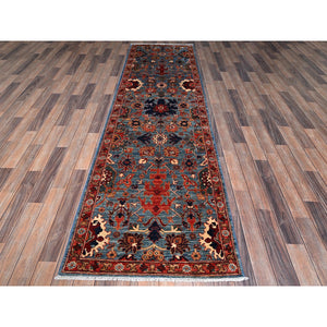 2'10"x9'10" Aegean Blue, Heriz All Over Design, Aryana Collection, Vegetable Dyes, Hand Knotted, Soft Pile, High Mountain Wool, Densely Woven, Runner, Oriental Rug FWR6708