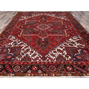 8'7'x11'1" Cherry Red, Tribal Village Nomad Art With Large Geometric Motif, Vibrant Wool, Hand Knotted, Ends And Sides Secured Professionally, Cleaned, Mint Condition, Vintage Persian Heriz Oriental Rug FWR666