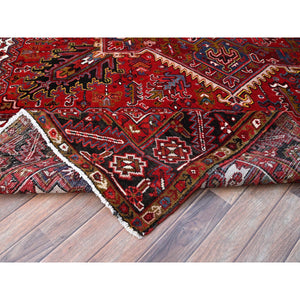 8'7'x11'1" Cherry Red, Tribal Village Nomad Art With Large Geometric Motif, Vibrant Wool, Hand Knotted, Ends And Sides Secured Professionally, Cleaned, Mint Condition, Vintage Persian Heriz Oriental Rug FWR666