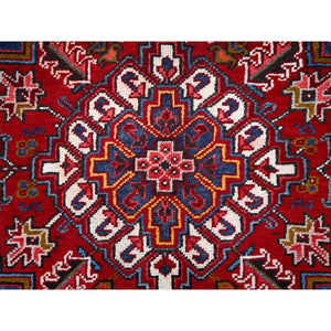 8'7'x11'1" Cherry Red, Tribal Village Nomad Art With Large Geometric Motif, Vibrant Wool, Hand Knotted, Ends And Sides Secured Professionally, Cleaned, Mint Condition, Vintage Persian Heriz Oriental Rug FWR666