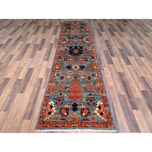 2'7"x9'9" Bayern Blue, Heriz All Over Design, Aryana Grade, Vegetable Dyes, Soft Pile, High Mountain Wool, Hand Knotted, Densely Woven, Runner, Oriental Rug FWR6720