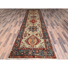 Load image into Gallery viewer, 4&#39;3&quot;x13&#39;1&quot; Light Green, Karajeh With Tribal Medallions Design, Aryana Collection, Vegetable Dyes, High Mountain Wool, Soft Pile, Hand Knotted, Densely Woven, Wide Runner, Oriental Rug FWR6786