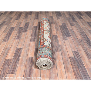 4'3"x13'1" Light Green, Karajeh With Tribal Medallions Design, Aryana Collection, Vegetable Dyes, High Mountain Wool, Soft Pile, Hand Knotted, Densely Woven, Wide Runner, Oriental Rug FWR6786