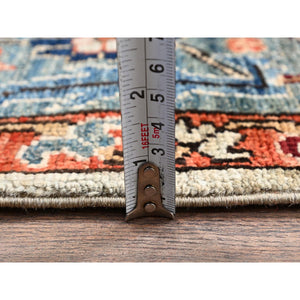 4'3"x13'1" Light Green, Karajeh With Tribal Medallions Design, Aryana Collection, Vegetable Dyes, High Mountain Wool, Soft Pile, Hand Knotted, Densely Woven, Wide Runner, Oriental Rug FWR6786