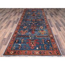 Load image into Gallery viewer, 4&#39;1&quot;x9&#39;10&quot; Imperial Blue, Heriz All Over Design, Aryana Collection, Vegetable Dyes, Hand Knotted, Soft Pile, High Mountain Wool, Densely Woven, Wide Runner, Oriental Rug FWR6810