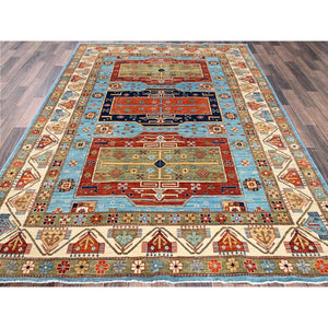 6'x8'6" Maya Blue, Armenian Inspired Caucasian Design, Small Bird Figurines, Super Fine Wool, Densely Woven, 200 Kpsi, Hand Knotted, Natural Dyes, Oriental Rug FWR6864