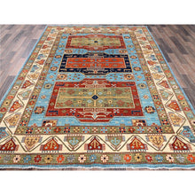 Load image into Gallery viewer, 6&#39;x8&#39;6&quot; Maya Blue, Armenian Inspired Caucasian Design, Small Bird Figurines, Super Fine Wool, Densely Woven, 200 Kpsi, Hand Knotted, Natural Dyes, Oriental Rug FWR6864