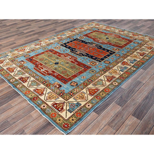6'x8'6" Maya Blue, Armenian Inspired Caucasian Design, Small Bird Figurines, Super Fine Wool, Densely Woven, 200 Kpsi, Hand Knotted, Natural Dyes, Oriental Rug FWR6864