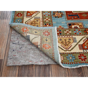 6'x8'6" Maya Blue, Armenian Inspired Caucasian Design, Small Bird Figurines, Super Fine Wool, Densely Woven, 200 Kpsi, Hand Knotted, Natural Dyes, Oriental Rug FWR6864
