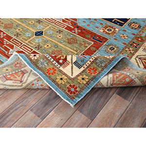 6'x8'6" Maya Blue, Armenian Inspired Caucasian Design, Small Bird Figurines, Super Fine Wool, Densely Woven, 200 Kpsi, Hand Knotted, Natural Dyes, Oriental Rug FWR6864