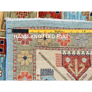 6'x8'6" Maya Blue, Armenian Inspired Caucasian Design, Small Bird Figurines, Super Fine Wool, Densely Woven, 200 Kpsi, Hand Knotted, Natural Dyes, Oriental Rug FWR6864
