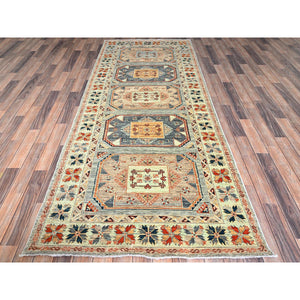 4'x9'5" Light Green, Armenian Inspired Caucasian Design, Super Fine Wool, 200 Kpsi, Vegetable Dyes, Hand Knotted, Wide Runner, Oriental Rug FWR6870