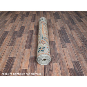 4'x9'5" Light Green, Armenian Inspired Caucasian Design, Super Fine Wool, 200 Kpsi, Vegetable Dyes, Hand Knotted, Wide Runner, Oriental Rug FWR6870