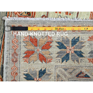 4'x9'5" Light Green, Armenian Inspired Caucasian Design, Super Fine Wool, 200 Kpsi, Vegetable Dyes, Hand Knotted, Wide Runner, Oriental Rug FWR6870