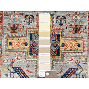 2'9"x8' Misty Gray, Armenian Inspired Caucasian Design With Bird Figurines, 200 Kpsi, Super Fine Wool, Hand Knotted, Denser Weave, Vegetable Dyes, Runner, Oriental Rug FWR6876