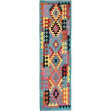 Load image into Gallery viewer, 2&#39;8&quot;x9&#39;7&quot; Cerulean Blue, Afghan Kilim with Colorful Geometric Pattern, Vegetable Dyes, Pure Wool, Flat Weave, Hand Woven, Reversible, Runner, Oriental Rug FWR6978