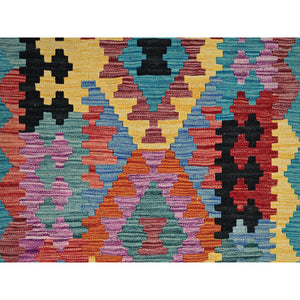 2'8"x9'7" Cerulean Blue, Afghan Kilim with Colorful Geometric Pattern, Vegetable Dyes, Pure Wool, Flat Weave, Hand Woven, Reversible, Runner, Oriental Rug FWR6978