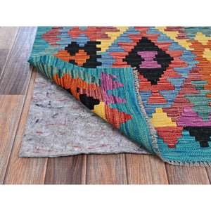 2'8"x9'7" Cerulean Blue, Afghan Kilim with Colorful Geometric Pattern, Vegetable Dyes, Pure Wool, Flat Weave, Hand Woven, Reversible, Runner, Oriental Rug FWR6978