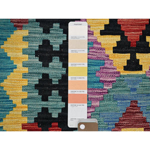 2'8"x9'7" Cerulean Blue, Afghan Kilim with Colorful Geometric Pattern, Vegetable Dyes, Pure Wool, Flat Weave, Hand Woven, Reversible, Runner, Oriental Rug FWR6978