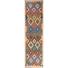 Load image into Gallery viewer, 2&#39;8&quot;x9&#39;6&quot; Beige, Afghan Kilim with Colorful Geometric Pattern, Vegetable Dyes, Pure Wool, Flat Weave, Hand Woven, Reversible, Runner, Oriental Rug FWR6984