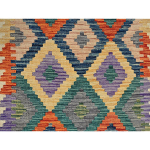 2'8"x9'6" Beige, Afghan Kilim with Colorful Geometric Pattern, Vegetable Dyes, Pure Wool, Flat Weave, Hand Woven, Reversible, Runner, Oriental Rug FWR6984
