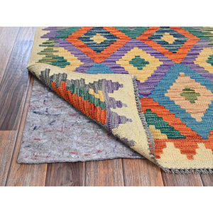 2'8"x9'6" Beige, Afghan Kilim with Colorful Geometric Pattern, Vegetable Dyes, Pure Wool, Flat Weave, Hand Woven, Reversible, Runner, Oriental Rug FWR6984