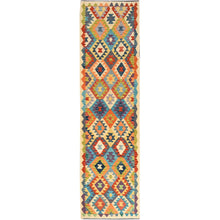 Load image into Gallery viewer, 2&#39;7&quot;x9&#39;7&quot; Beige, Hand Woven, Afghan Kilim with Colorful Geometric Pattern, Vegetable Dyes, Pure Wool, Flat Weave, Reversible, Runner, Oriental Rug FWR6990