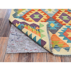 2'7"x9'7" Beige, Hand Woven, Afghan Kilim with Colorful Geometric Pattern, Vegetable Dyes, Pure Wool, Flat Weave, Reversible, Runner, Oriental Rug FWR6990