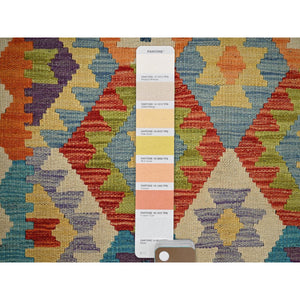 2'7"x9'7" Beige, Hand Woven, Afghan Kilim with Colorful Geometric Pattern, Vegetable Dyes, Pure Wool, Flat Weave, Reversible, Runner, Oriental Rug FWR6990