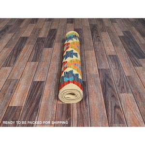 2'7"x9'7" Beige, Hand Woven, Afghan Kilim with Colorful Geometric Pattern, Vegetable Dyes, Pure Wool, Flat Weave, Reversible, Runner, Oriental Rug FWR6990