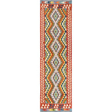 Load image into Gallery viewer, 2&#39;8&quot;x9&#39;7&quot; Alabaster White, Afghan Kilim with Colorful Geometric Pattern, Pure Wool, Flat Weave, Hand Woven, Vegetable Dyes, Reversible, Runner, Oriental Rug FWR6996